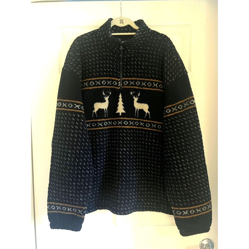 Old Navy Men’s Oversized Sherpa Fleece Fair Isle 1/4 Zip Sweater Navy Blue XXL